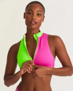 LoveShackFancy X Hurley - Max Solid Blocked High Neck Bikini Top -Clothing Coastal HLSFT105 MAGENTANEONLIME 4