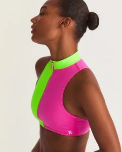LoveShackFancy X Hurley - Max Solid Blocked High Neck Bikini Top -Clothing Coastal HLSFT105 MAGENTANEONLIME 7
