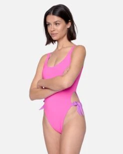 Solid Reversible Tie Side Cheeky One Piece -Clothing Coastal ho1124 violet electric pink 5